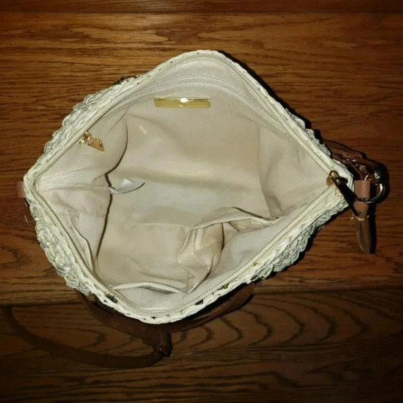INC black/cream/gold straw colorblock crossbody bag with tan strap - Picture 5 of 7